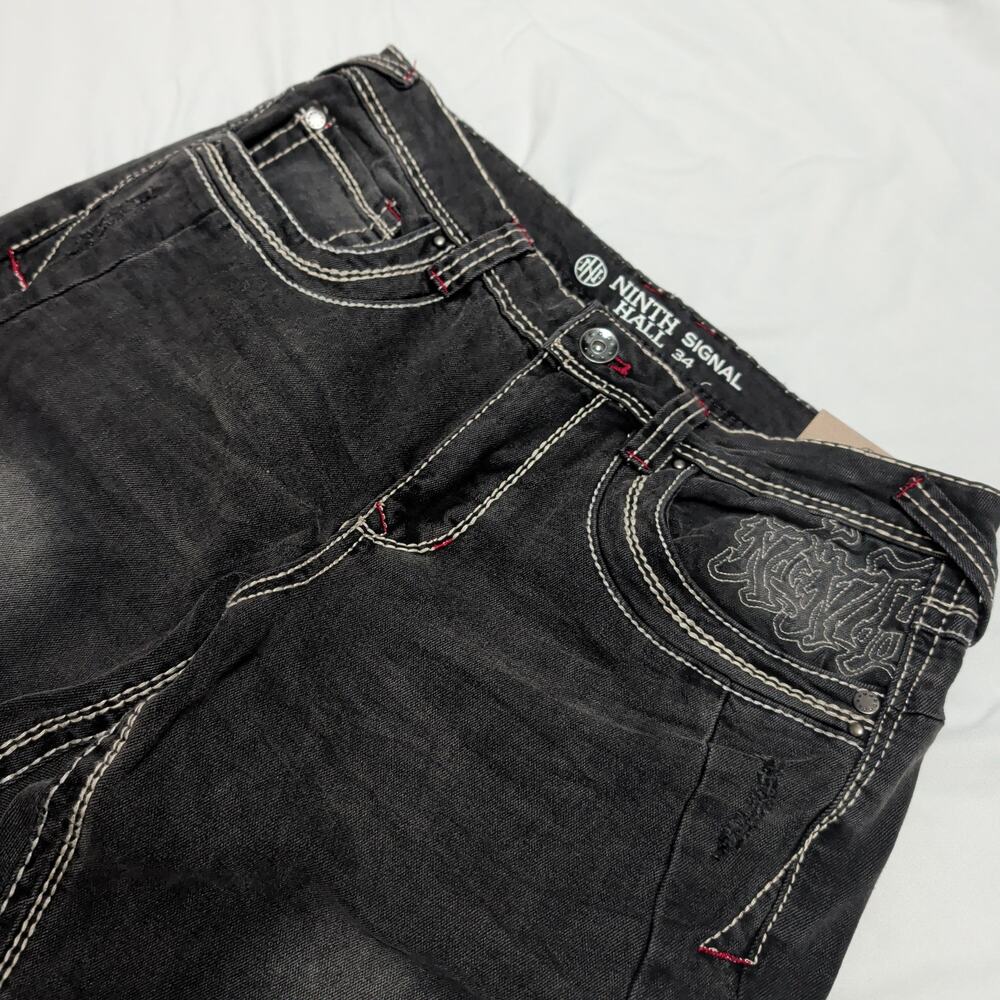 Ninth Hall Signal Stacked Flare Jeans Men’s 34 Black Embroidered NWT